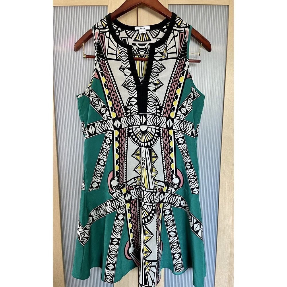 BAR III Midi Dress,  Stretch, Green Blue,‎ Geometric Aztec Boho, L